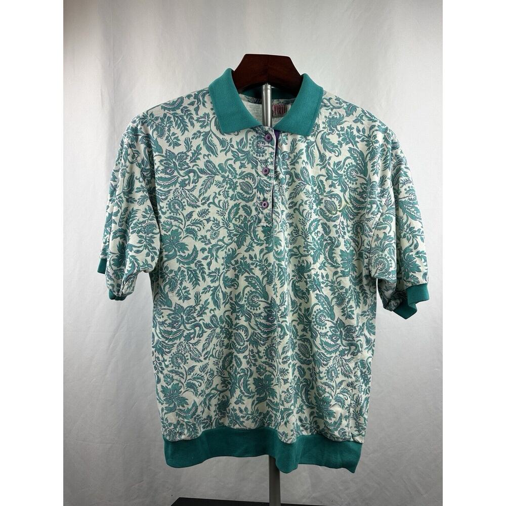 Vintage Bold Spirit Men’s Polo Floral Paisley Pattern In Teal/White Size Small
